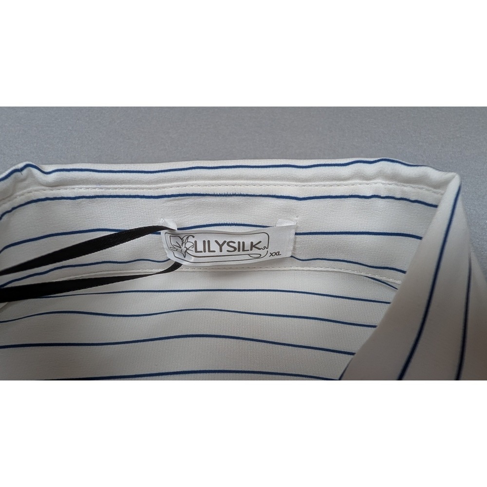 Lilysilk Womens XXL White Navy Blue Pinstripe Silk Button Down Shirt Long Sleeve - Picture 4 of 6